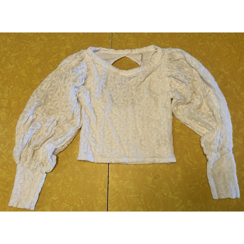 Free People Tea Time Size XS Long Puff Sleeve Floral Lace Crop Top Open Back B58